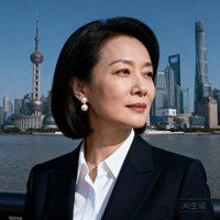一位四十岁左右的华人女性高管肖像，齐肩短发干练利落，佩戴珍珠耳环，背景为上海陆家嘴天际线